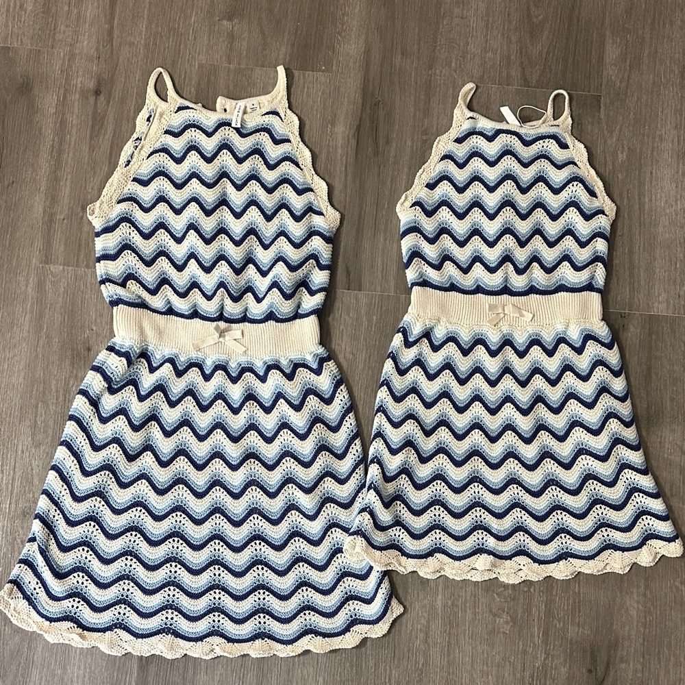Janie and Jack Blue and Cream Crochet Wave Dresses
